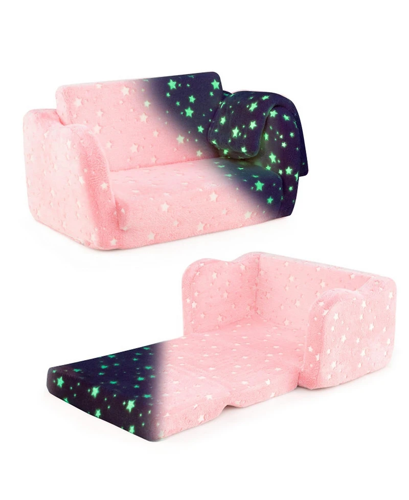Sugift 2-in-1 Folding Kids Couch with Glow-in-the-Dark Pattern and Matching Blanket