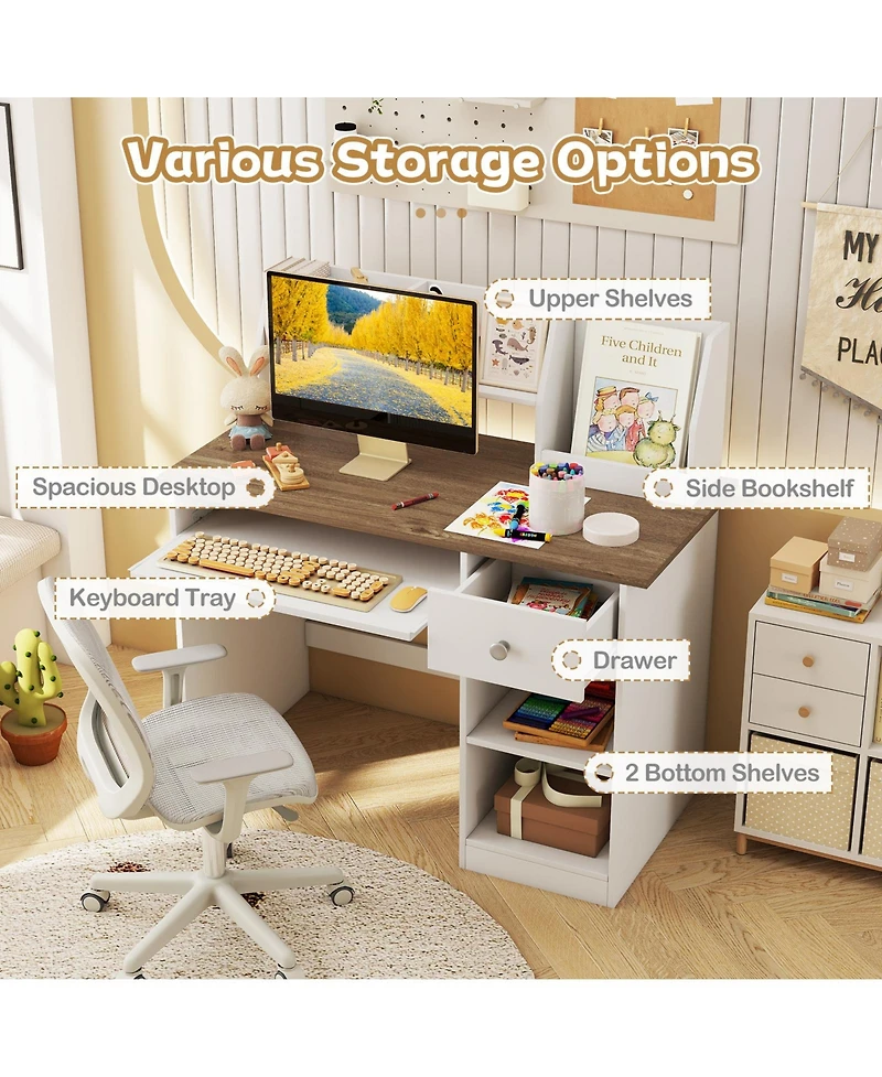 Costway Kids Study Desk, Wooden Writing Table with Keyboard Tray and Drawer,Side Bookshelf