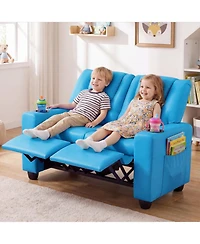 Sugift Kids 2-Seater Reclining Sofa with 2 Cup Holders and Pu Leather Cover
