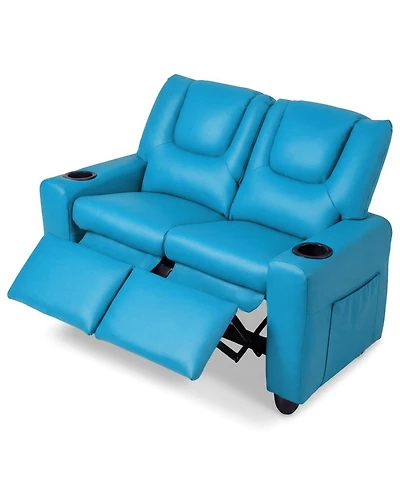 Sugift Kids 2-Seater Reclining Sofa with 2 Cup Holders and Pu Leather Cover