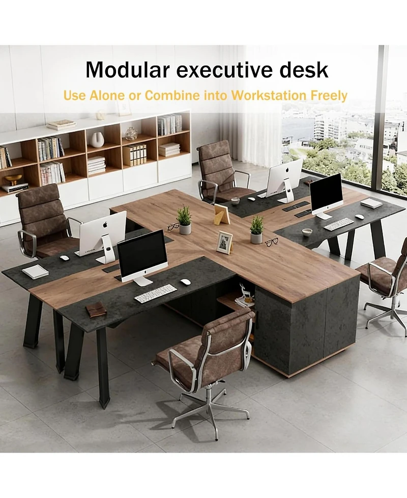 Logicfox 63 L Shaped Reversible Office Desk with lateral File Cabinet Open Shelves Power Outlet