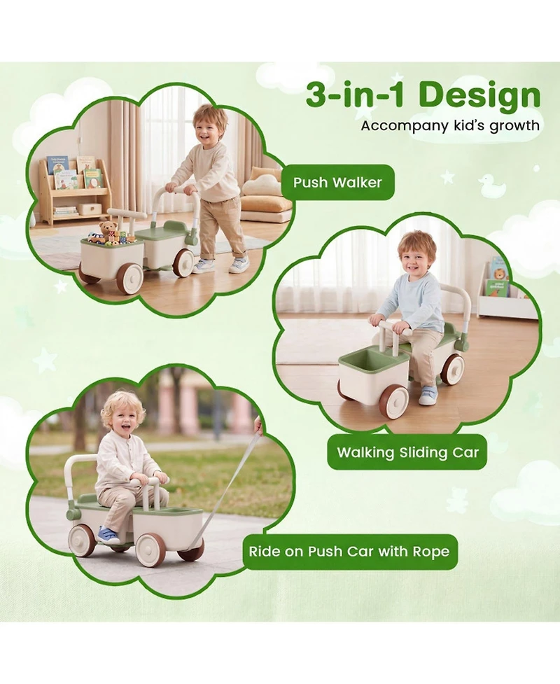Sugift 3-in-1 Ride-On Push Car with Storage Basket, 26.5" x 11" x 13.7", Ages 3+