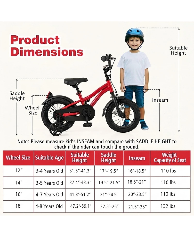 Sugift 12" Adjustable Kids' Bike with Training Wheels, Ages 3-4