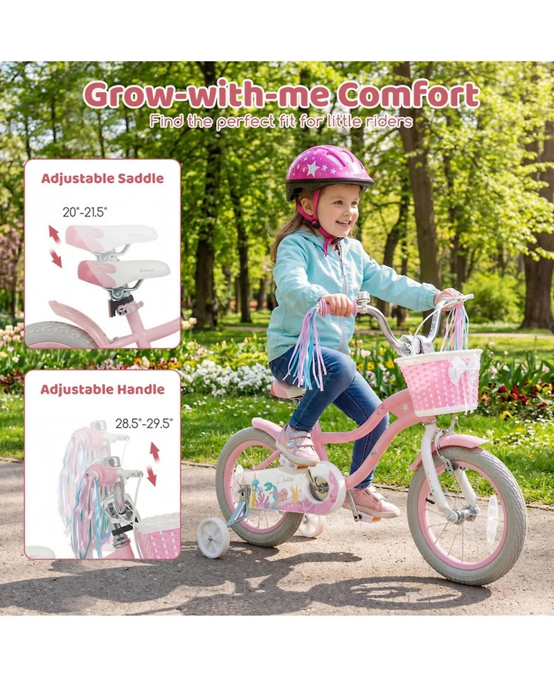 Sugift 14 in Kids Bike Adjustable with Basket and Streamers for Girls Aged 3-5 Years Old