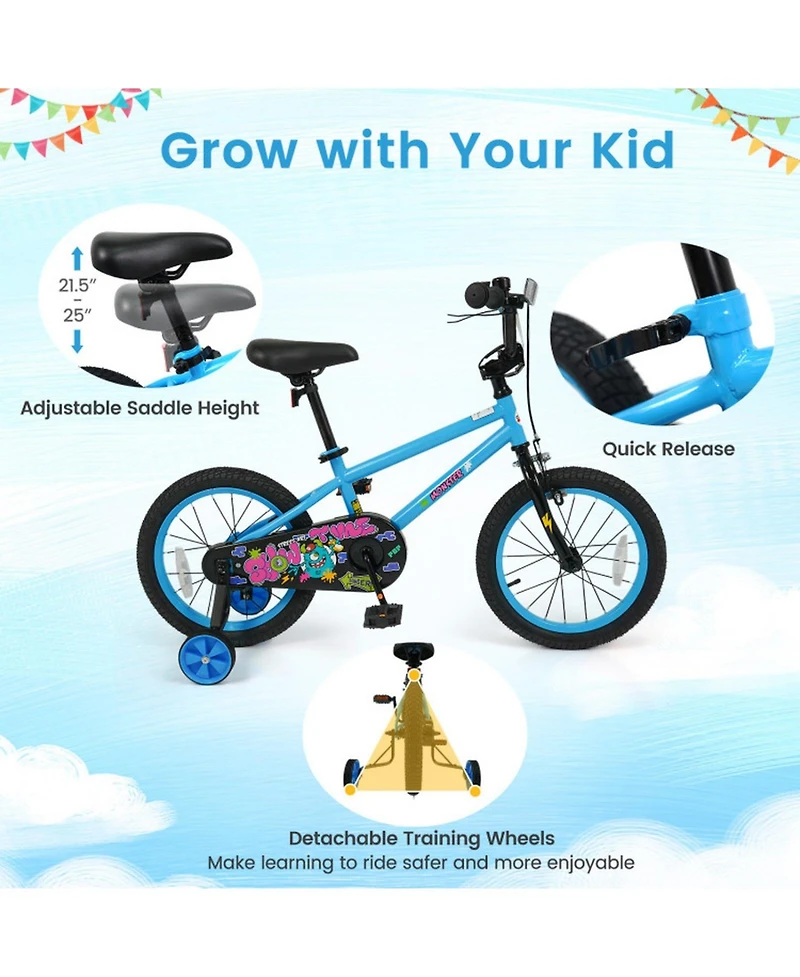 Sugift 16" Kids' Bike with Detachable Training Wheels and Adjustable Saddle, Ages 3-8
