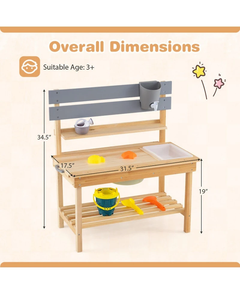 Sugift Outdoor Mud Kitchen with Pullout Tabletop and 2 Sinks, Ages 3+