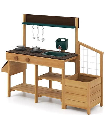Sugift Wooden Mud Kitchen With Sink Playset, Ages 3-8