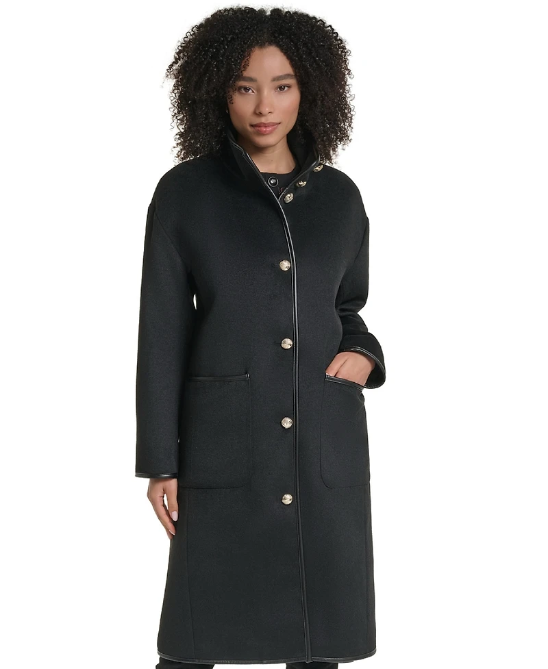 Karl Lagerfeld Paris Womens Double Faced Faux-Leather Trimmed Funnel Neck Coat