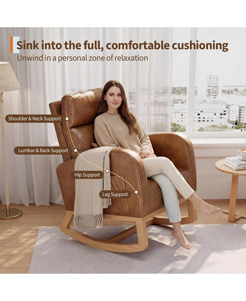 homfan Rocking Chair Modern Nursery Glider Chair with Side Pockets and Pillow Upholstered Rocker for Living Room Bedroom Nursing Room