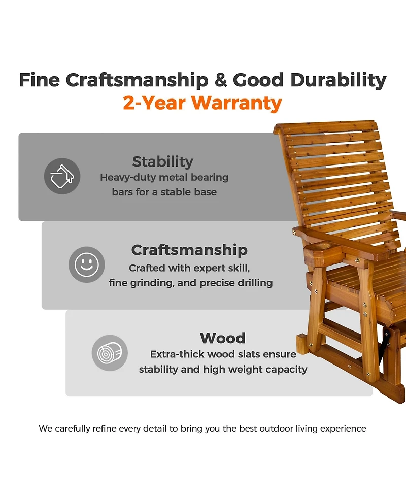 Mega Casa Solid Wood Outdoor Glider Chair, All-Weather High Back Patio Rocker with Dual Cup Holders