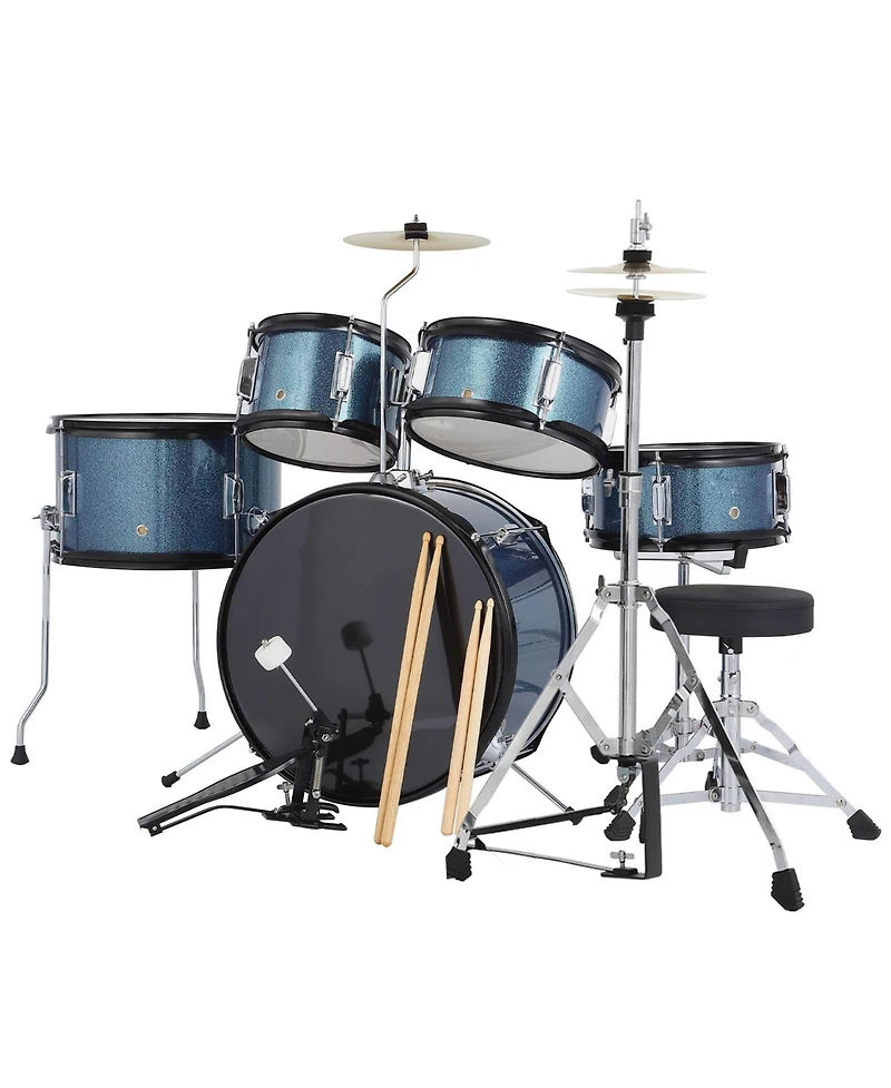 homfan Kids Drum Set - 5-Piece Junior Percussion Kit with Bass, Snare, Toms, Hi-Hat, Cymbal, Pedal and Adjustable Stool, Hardwood Construction