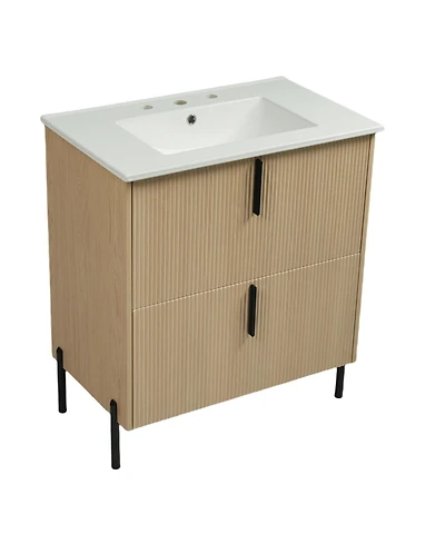 Busdays 30 Inch Bathroom Vanity Ceramic Sink Full Extension Soft Close Drawers Fluted Design Undermount Slides
