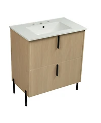 Busdays 30 Inch Bathroom Vanity Ceramic Sink Full Extension Soft Close Drawers Fluted Design Undermount Slides