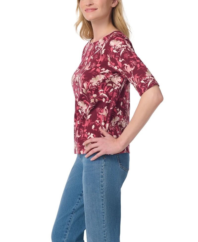 Gloria Vanderbilt Women's Alanis Boat Neck Floral-Print Cotton-Blend T-Shirt