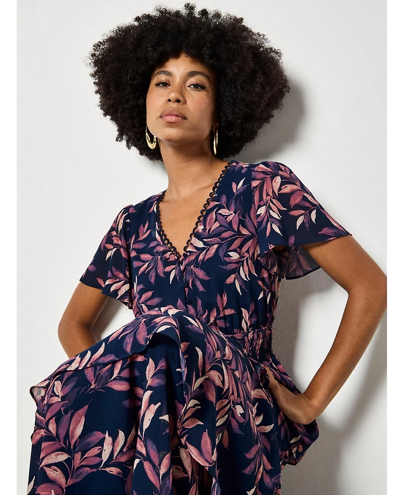 Apricot Women's Tiered Leaf Print Short-Sleeve Dress