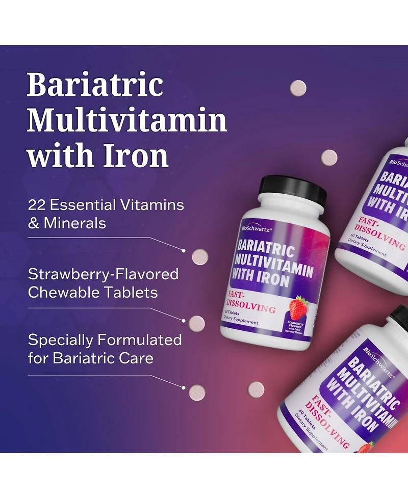 BioSchwartz Bariatric Multivitamin with Iron Chewable Tablets, 60 Count, 30-Day Supply, Daily Multivitamin for Gastric Bypass Support