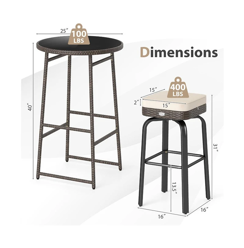 Boyel Living 3 Pieces Outdoor Swivel Bar Set Pe Rattan Bar Height Table with 2 Chairs