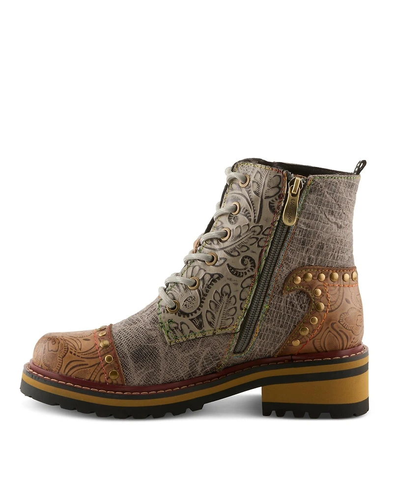 L'Artiste Women's Rugup Hand-Painted Leather Booties with Mixed Textures, Decorative Studs, Lace-Up and Zipper Closure, Faux Fur Lining, Lug Sole
