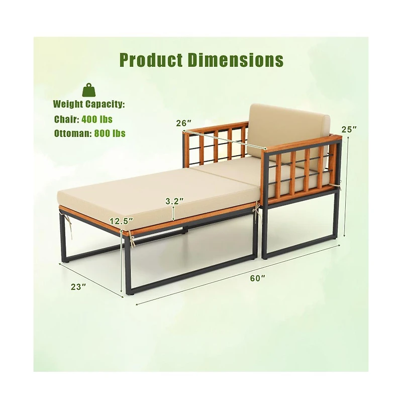 Boyel Living Patio Acacia Wood Armchair with Long Ottoman and Seat Back Cushions