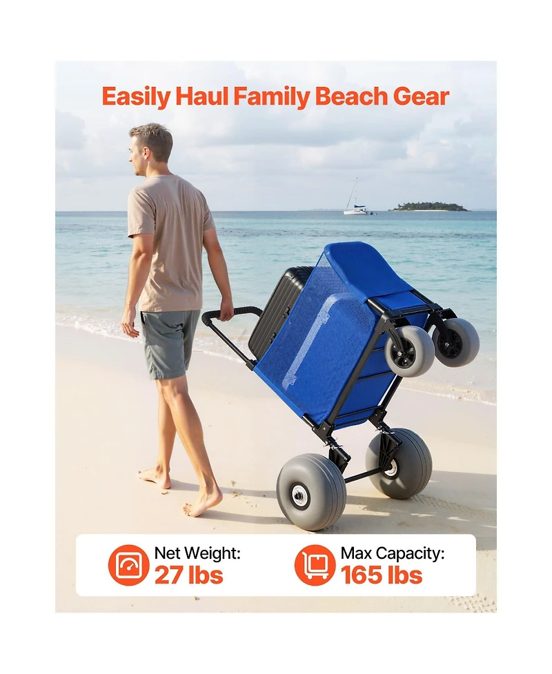 Mountaintop Beach Cart with Sand Wheels,165 lbs, Balloon Wheels, Storage Bag, Handle for Camping, Fishing, Garden