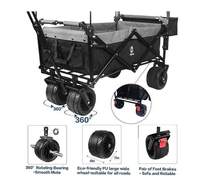 Mountaintop Collapsible Wagon with Removable Canopy, 4" All-Terrain Wheels with Brake, Adjustable Handle and Cooler Bag for Outdoor Garden and Beach
