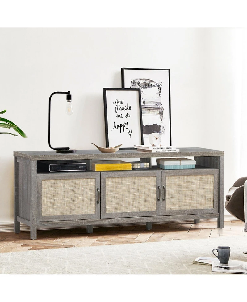 Gouun 62 in Entertainment Media Console with Rattan Doors and Solid Wood Legs for TVs up to 65 inch