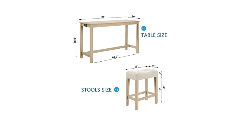 Flynama 4-Piece Bar Table Set with Power Outlet, 3 Stools for Sofa Behind and Living Room