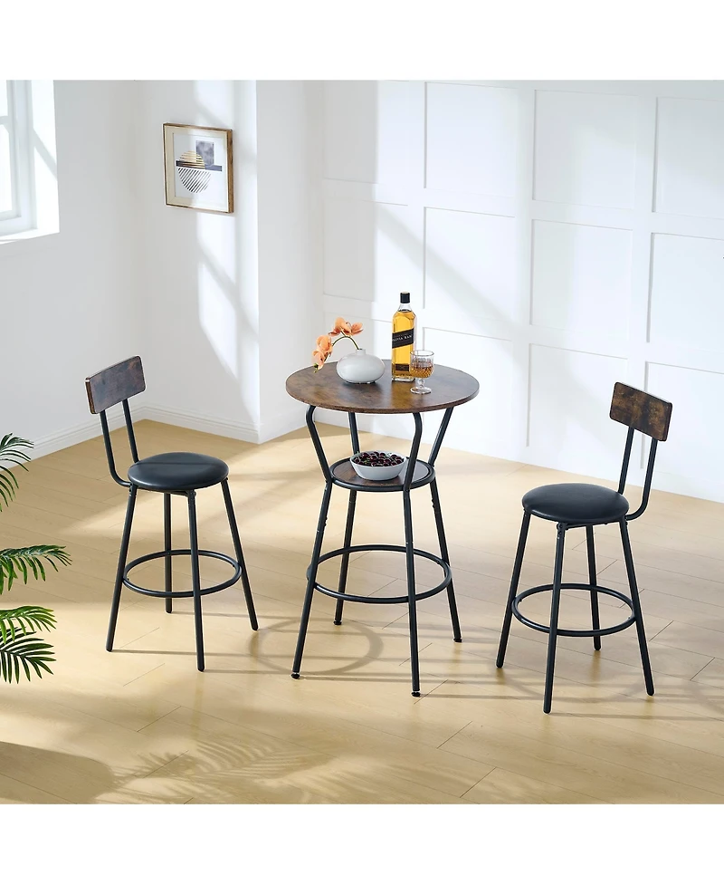 Flynama Round Bar Table Set with Middle Shelf and Upholstered Stools