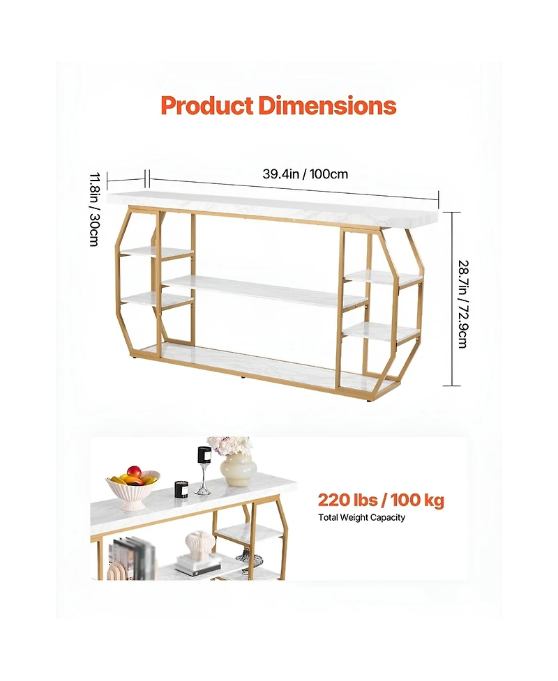 Slickblue Geometric Console Table with Marble Shelves, 3-Tier Open Storage Table for Hallway and Foyer