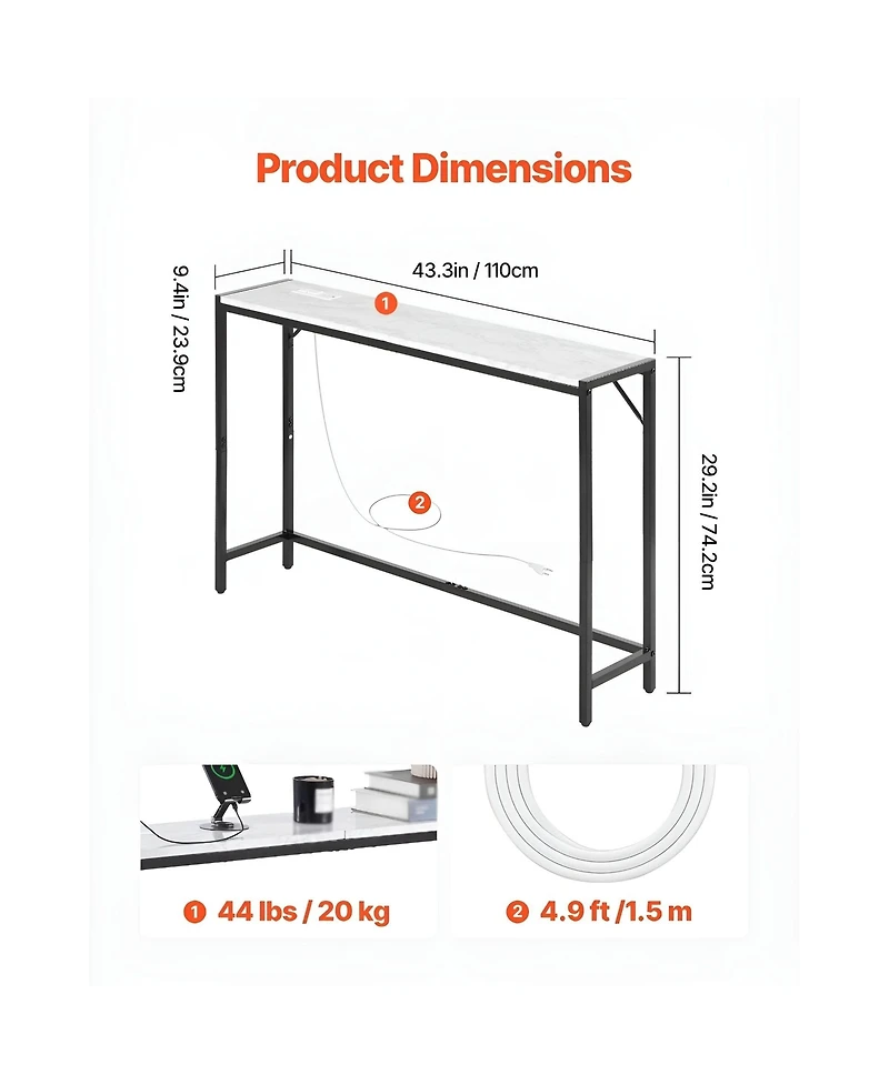 Slickblue Slim Marble Console Sofa Table with Charging Station, Triangular Support, Entryway Furniture