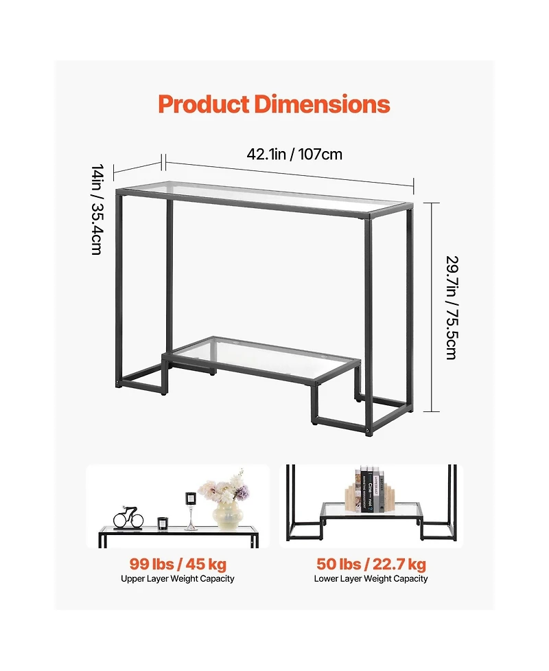 Slickblue 2-Tier Glass Console Table with Tempered Top, Modern Sofa Side Table for Living Room