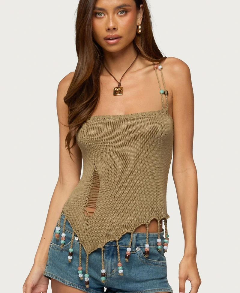 Edikted Women's Fernie Square Neck Bead-Fringe Tank Top
