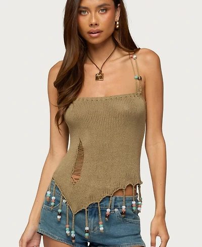 Edikted Women's Fernie Square Neck Bead-Fringe Tank Top