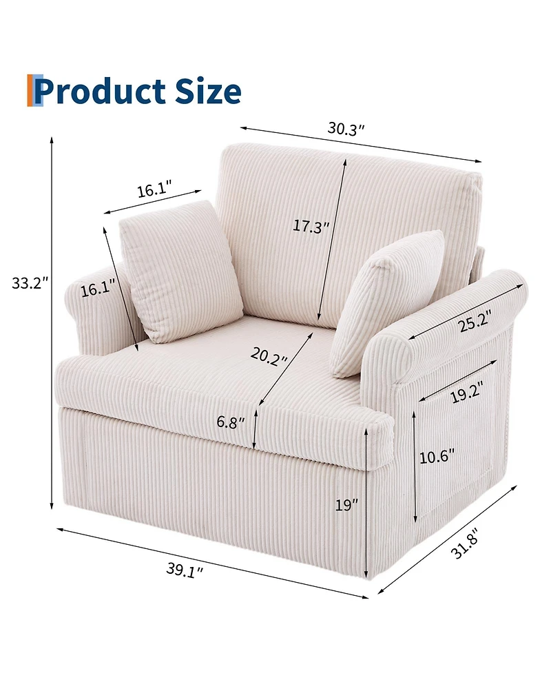 homfan Mid Century 360 degrees Swivel Armchair with 2 Pillows,Modern Chair Corduroy Ergonomic Lounge Reading Chairs