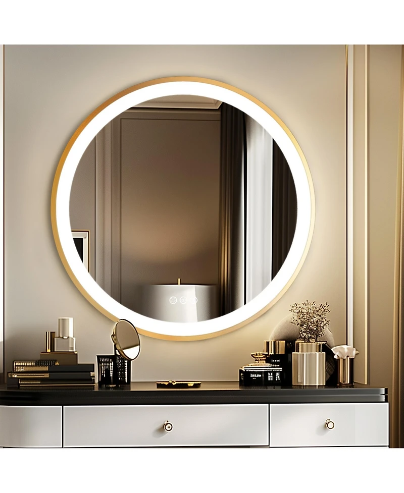 Luvodi 24" Round Metal Framed Lighted Mirror Anti-Fog for Bathroom