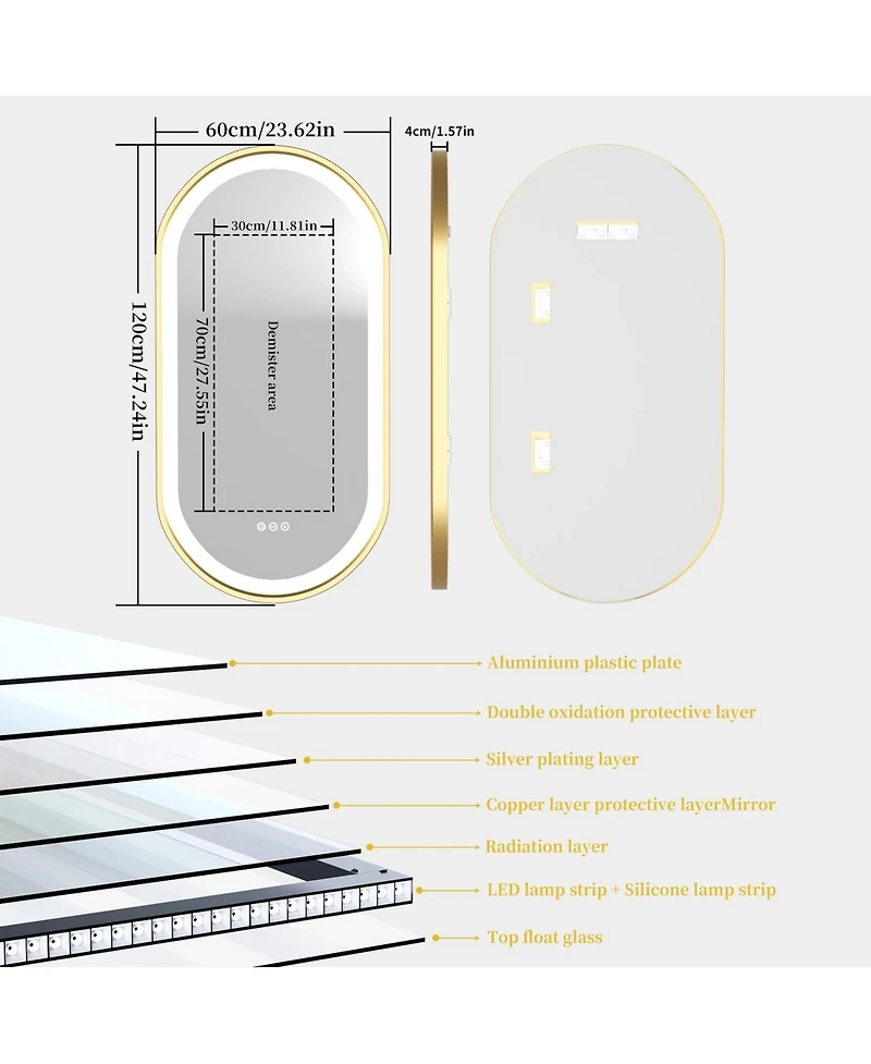 Luvodi 23.62"x47.24" Anti-Fog Lighted Oval Bathroom Mirror Frontlit Touch Dimmable for Wall Vanity