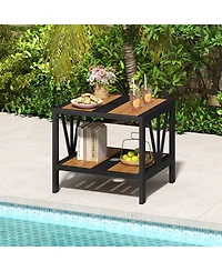 Gymax Outdoor Side Table 2-Tier Coffee End Table w/ 1.57'' Umbrella Hole Storage Shelf