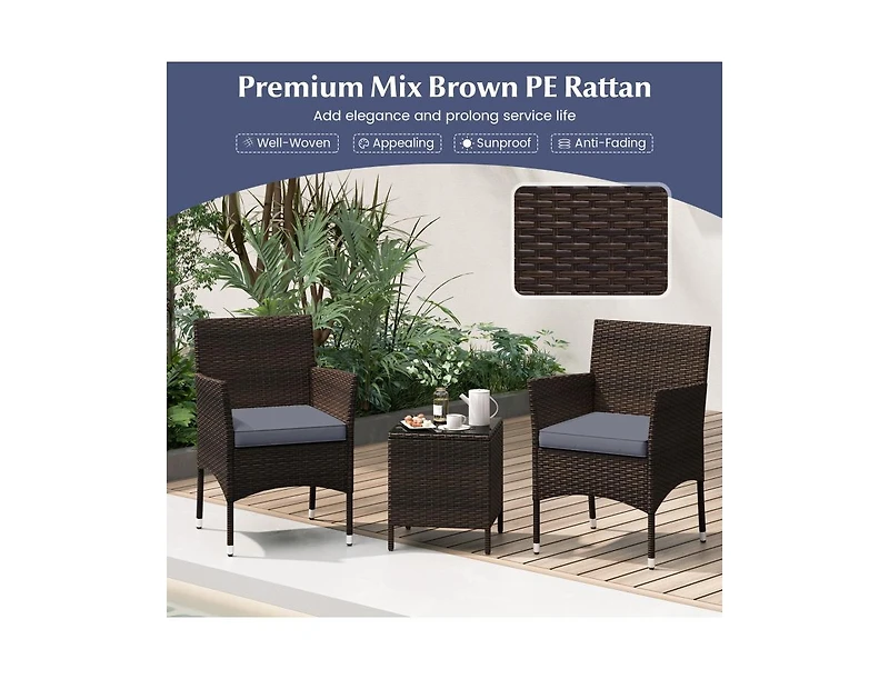 Boyel Living 3 Pieces Outdoor Conversation Set with Cushioned Seat and Glass Tabletop