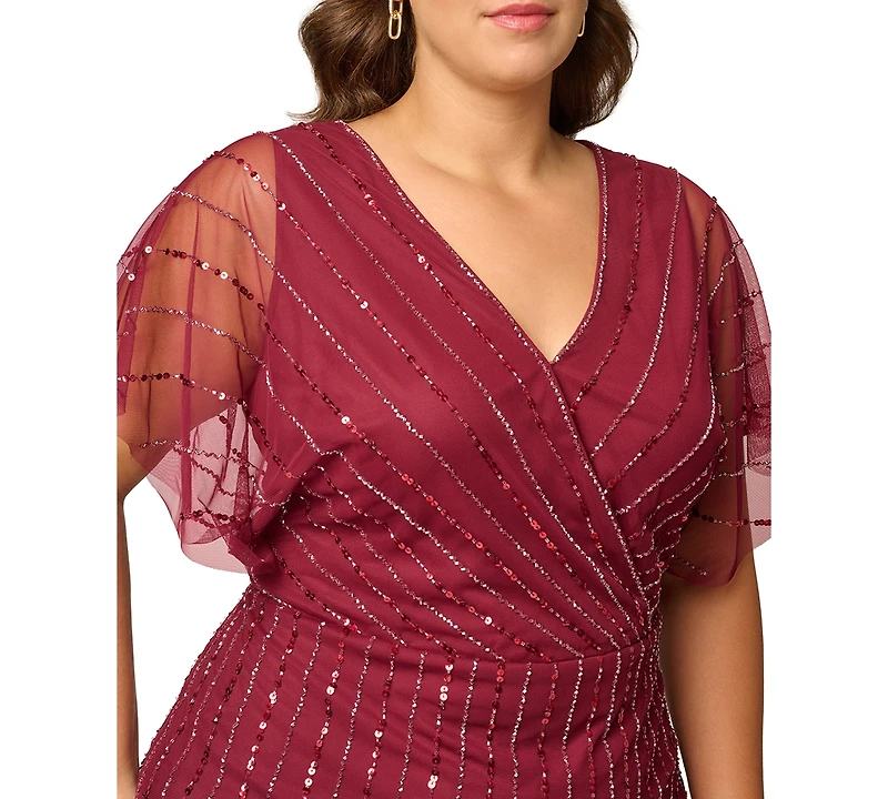 Adrianna Papell Plus Sequin Beaded Flutter-Sleeve Dress