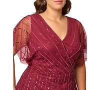 Adrianna Papell Plus Sequin Beaded Flutter-Sleeve Dress