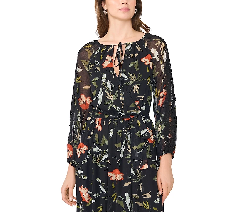 Msk Women's Floral-Print Tiered Long-Sleeve Maxi Dress