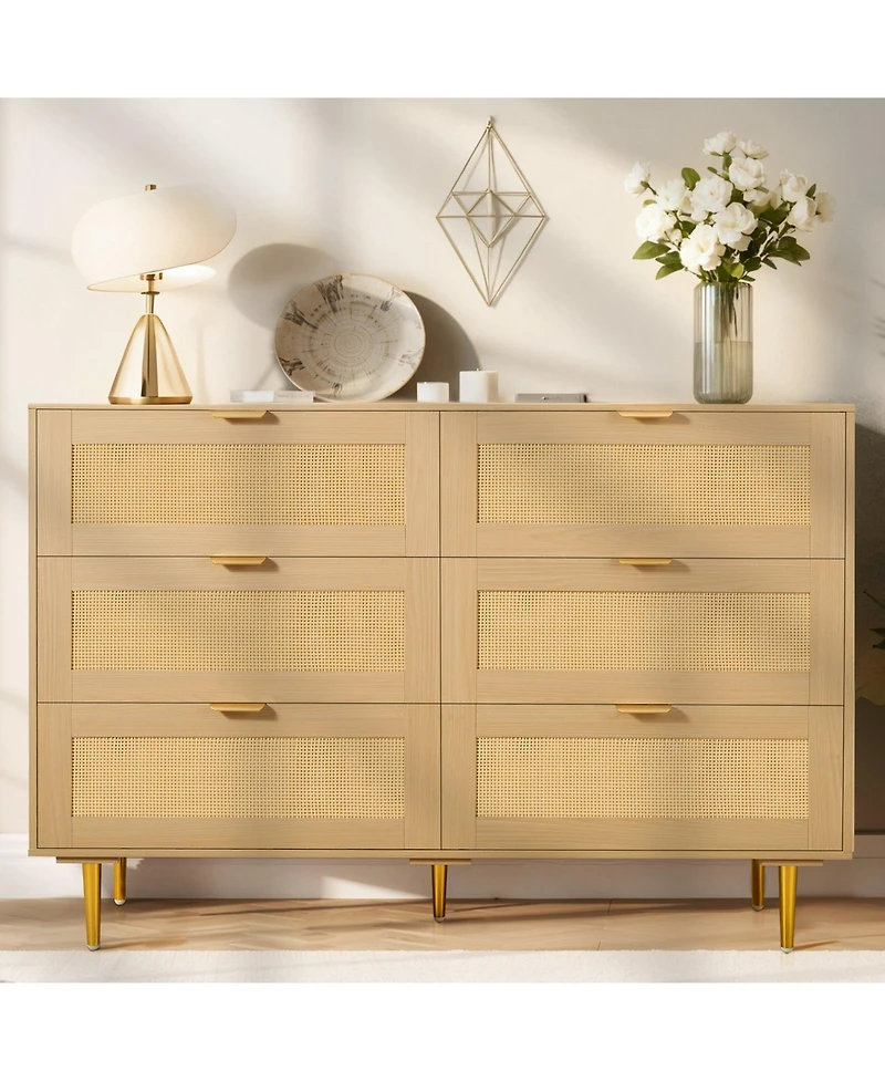 Slickblue Modern Rattan Double Dresser with 6 Drawer Storage Cabinet