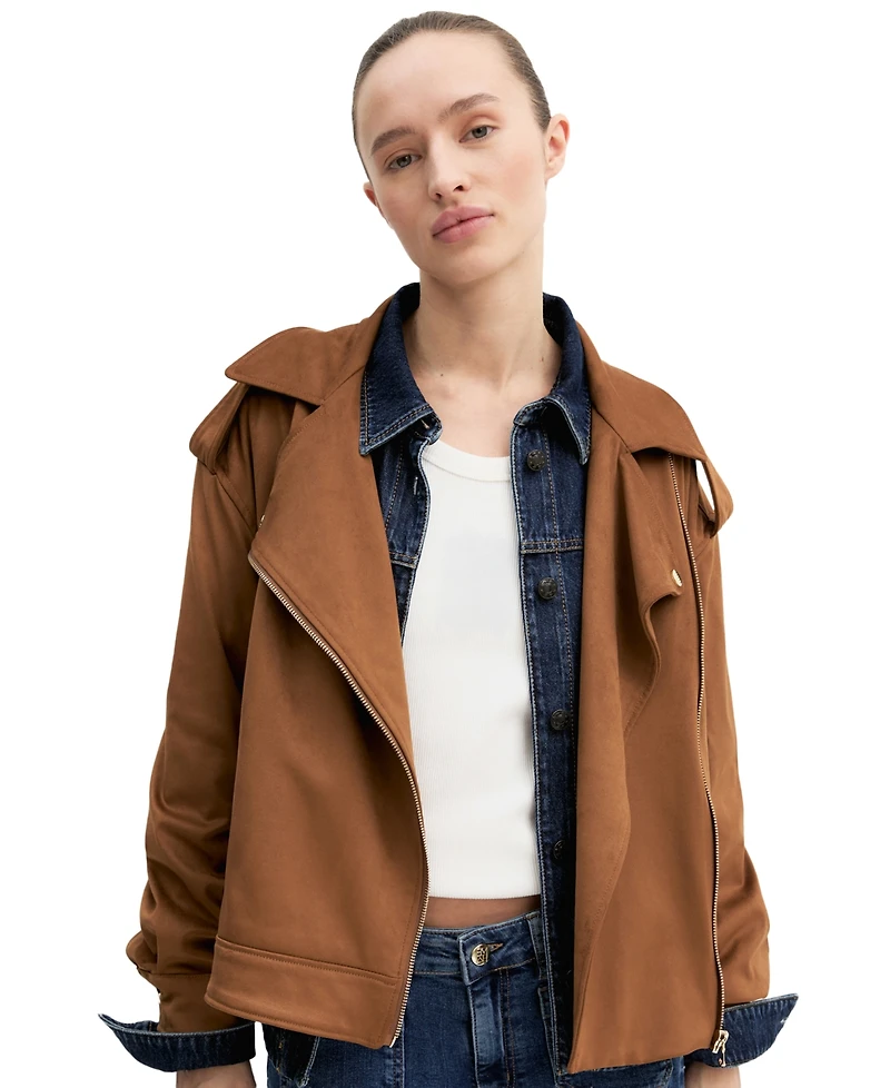 Emme Marella Women's Velvety-Finish Asymmetric-Zip Biker Jacket