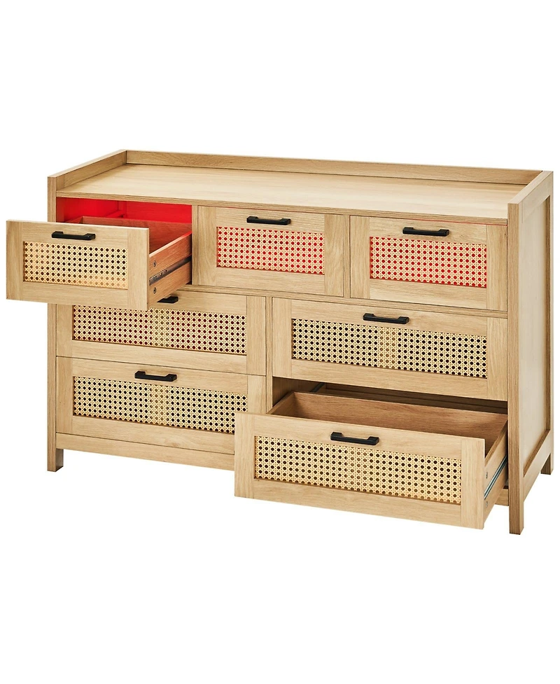 Slickblue 7 Drawer Rattan Dresser with Led Light and Storage