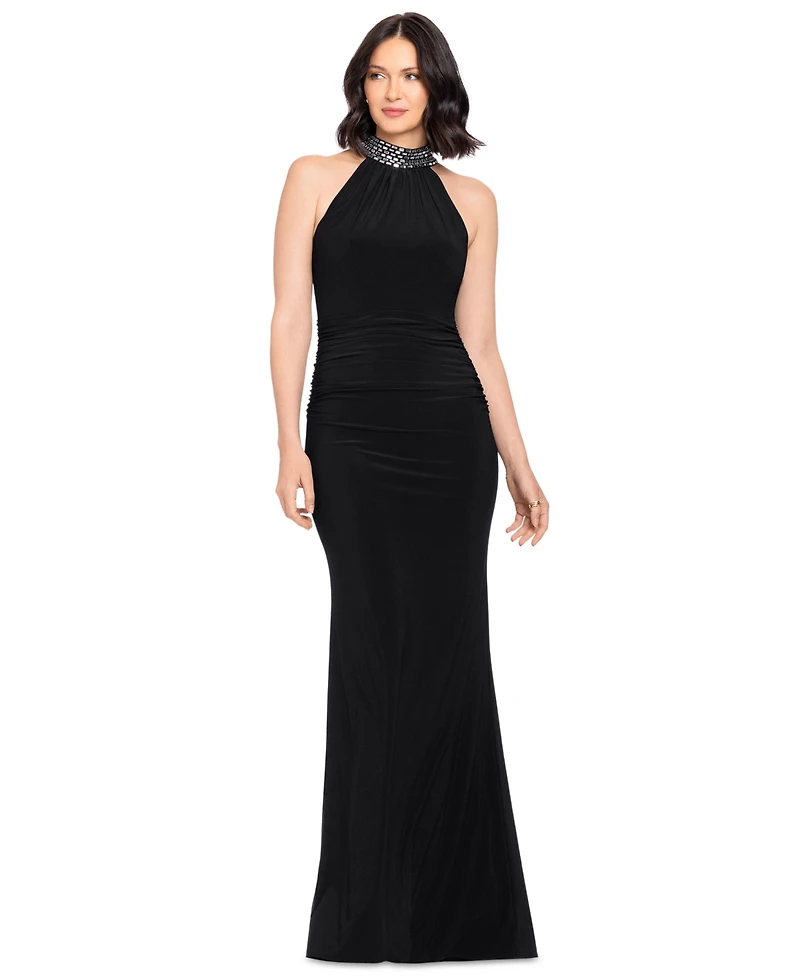Betsy & Adam Petite Beaded Mock Neck Sleeveless Gown