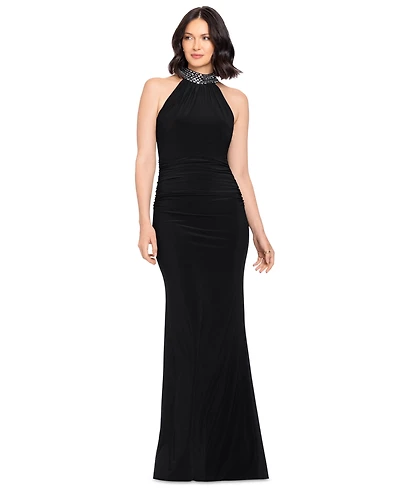 Betsy & Adam Petite Beaded Mock Neck Sleeveless Gown