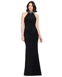 Betsy & Adam Petite Beaded Mock Neck Sleeveless Gown