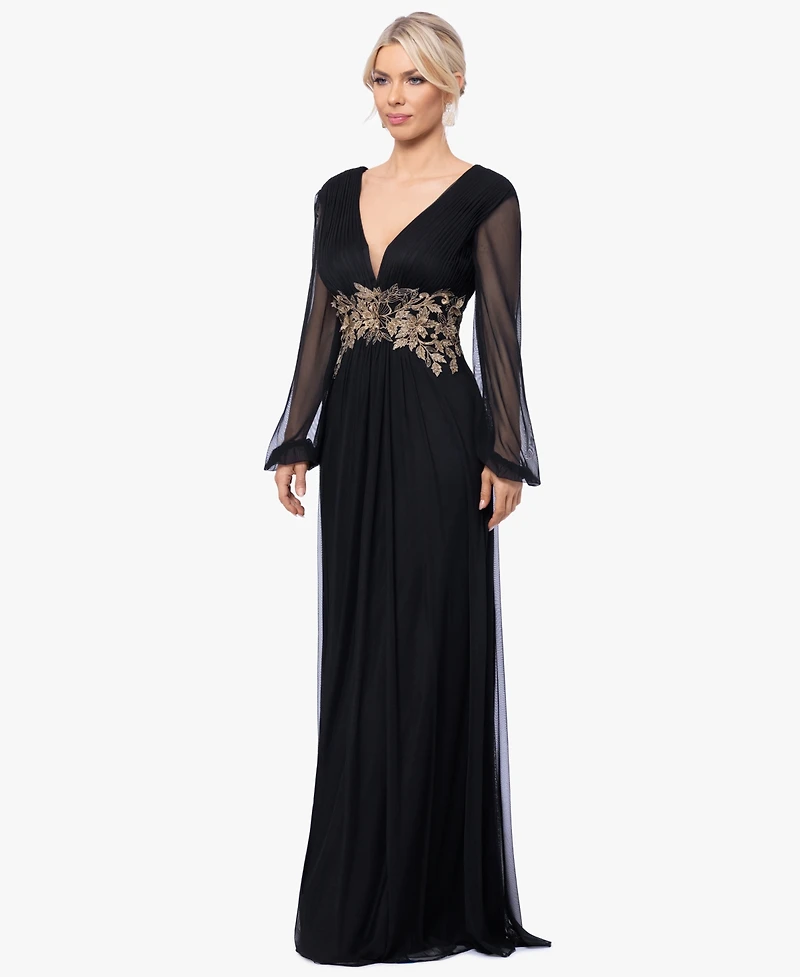 Betsy & Adam Plus Floral-Applique Long-Sleeve V-Neck Gown