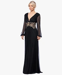 Betsy & Adam Plus Floral-Applique Long-Sleeve V-Neck Gown