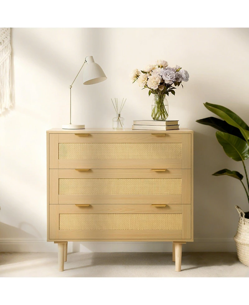 Slickblue 3 Drawer Rattan Dresser with Storage for Bedroom and Hallway